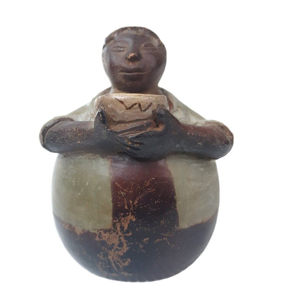 Clay Peruvian Chulucanas Folk Art Signed - Round Man Holding Bowl